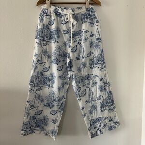 Cynthia Rowley M Nautical Toile Embroidered Wide Leg Crop Pants Vacation Beach